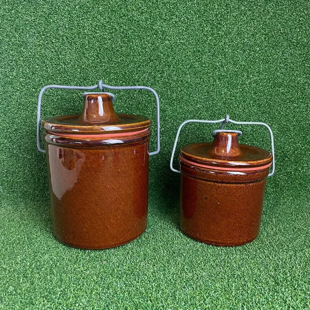 Vintage Brown Glaze Stoneware Cheese Crocks with Wire Latch Lids Lot